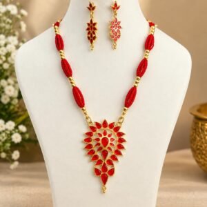 Premium Assamese Gohona Dugdugi Necklace Set – Red