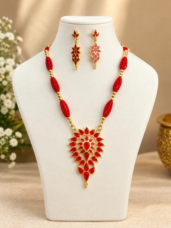 premium-assamese-gohona-dugdugi-necklace-set-red Premium Assamese Gohona Dugdugi Necklace Set – Red