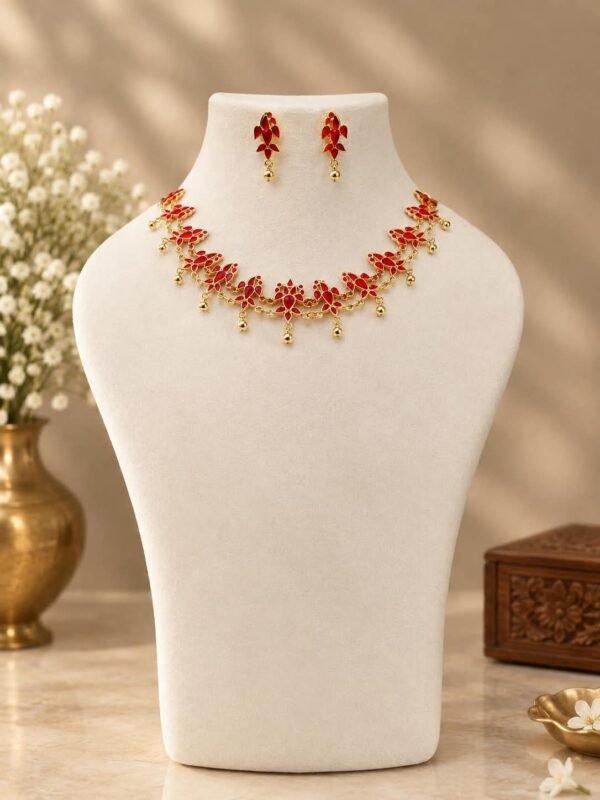 Premium Assamese Henpota Choker Necklace Set – Red