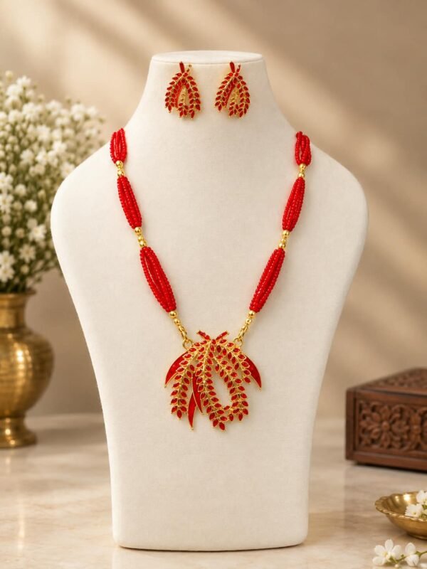 Premium Assamese Kopoful Necklace Set – Red