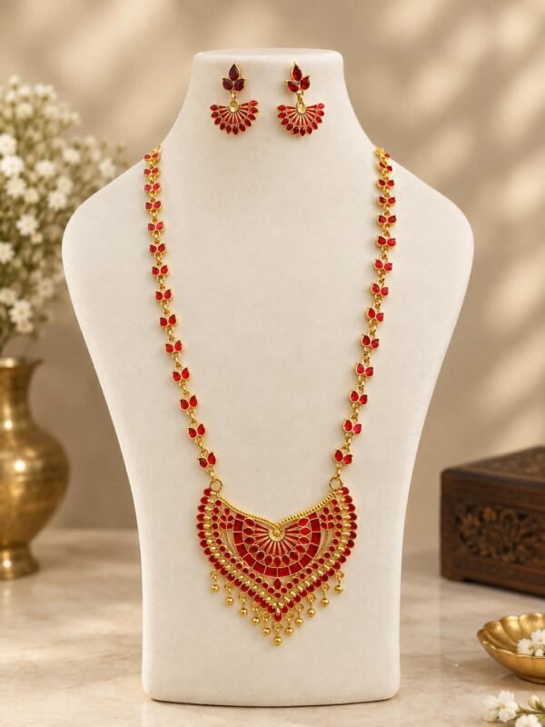 Premium Assamese Traditional Necklace Set – Red