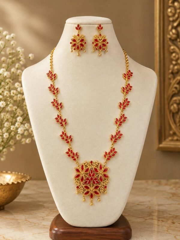 Premium Copper Base Gold-Plated Assamese Eri Pat Bridal Jewellery Set – Red