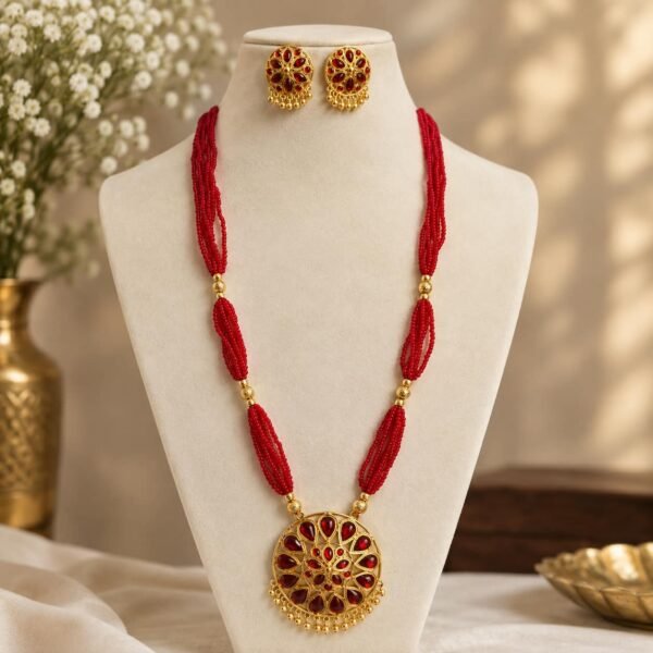 Premium Copper Base Gold-Plated Assamese Japi Bridal Jewellery Set – Red