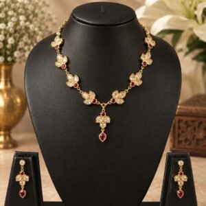premium-dhanxira-pattern-american-diamond-bridal-necklace-set-ruby-red Premium Dhanxira Pattern American Diamond (AD) Bridal Necklace Set – Ruby Red