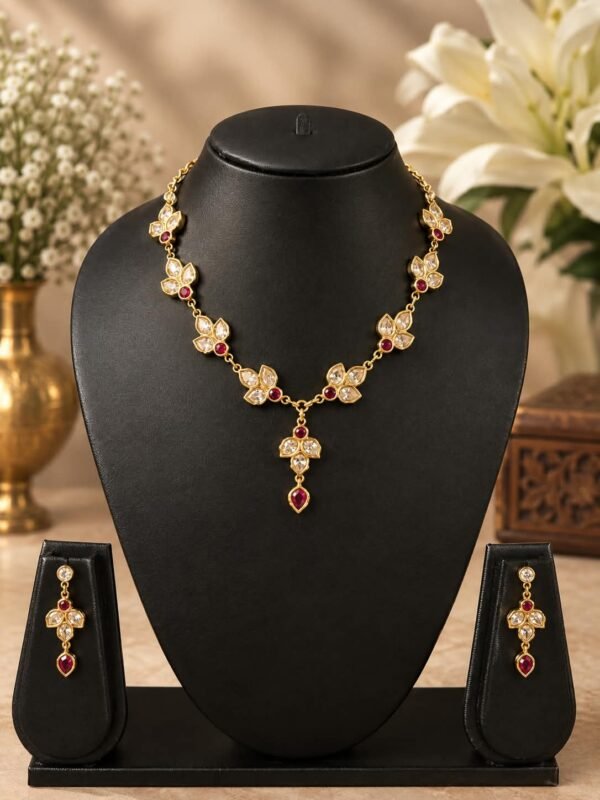 Premium Dhanxira Pattern American Diamond (AD) Bridal Necklace Set – Ruby Red