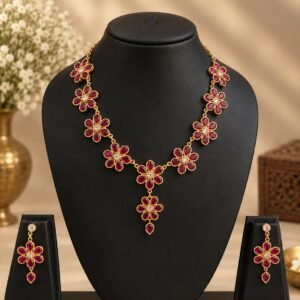 premium-flower-pattern-american-diamond-bridal-necklace-set-ruby-red Premium Flower Pattern American Diamond (AD) Bridal Necklace Set – Ruby Red