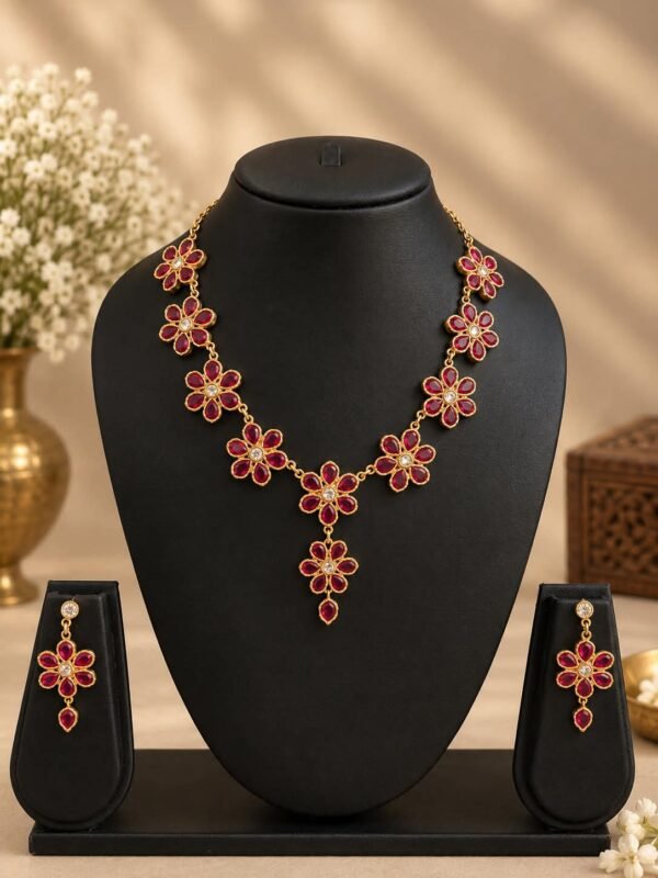 premium-flower-pattern-american-diamond-bridal-necklace-set-ruby-red Premium Flower Pattern American Diamond (AD) Bridal Necklace Set – Ruby Red